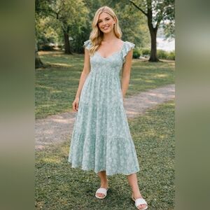 Altar’d State Sage Green Floral Empire Waist Midi Dress Swiss Dot Size S